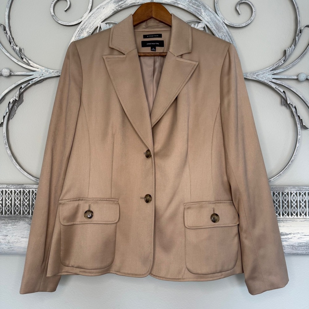 Jones New York Tan Stretch 2-Button Blazer Jacket Womens 14 Camel Twill Pocket
